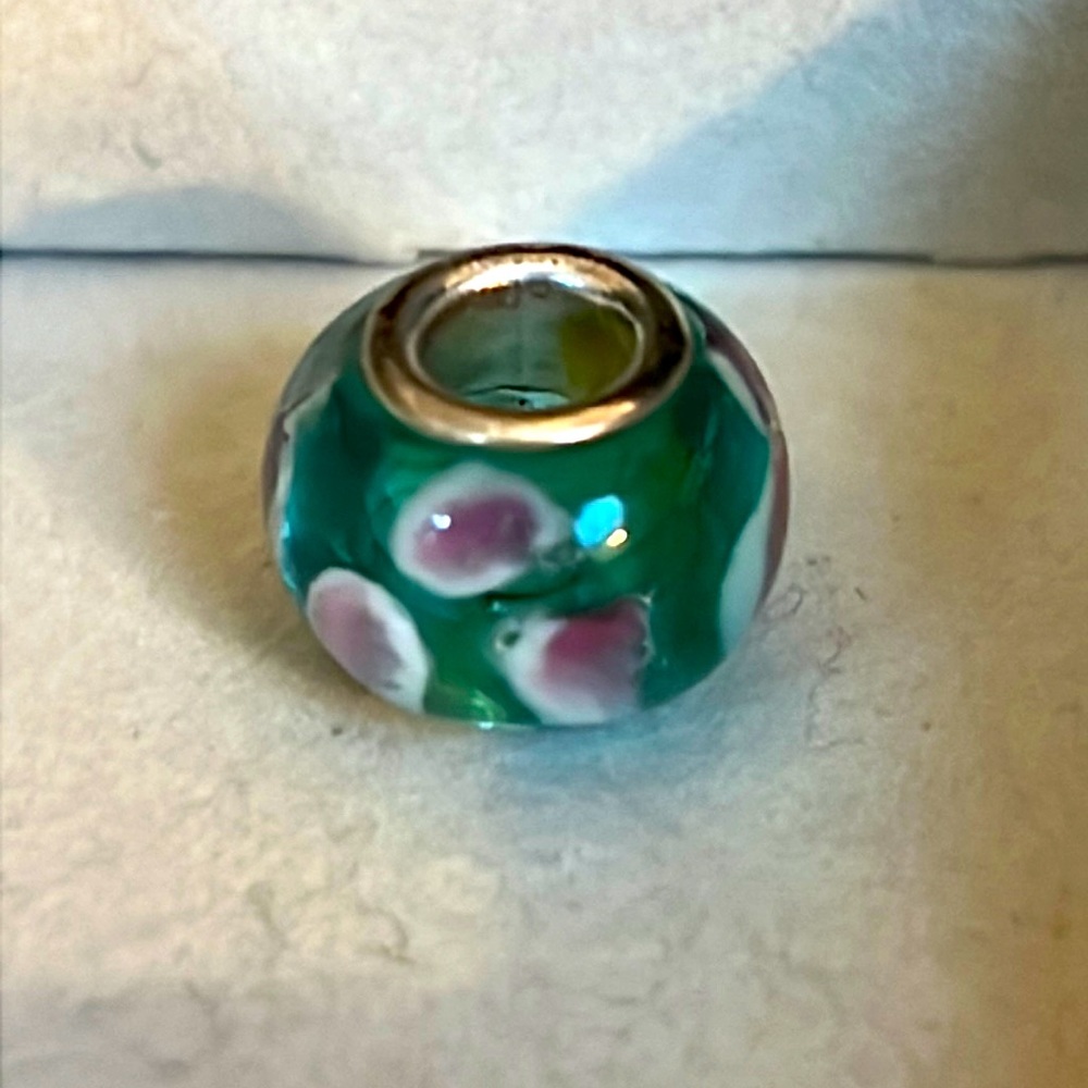Brighton green pink flower glass bead charm bracelet necklace silver plated line